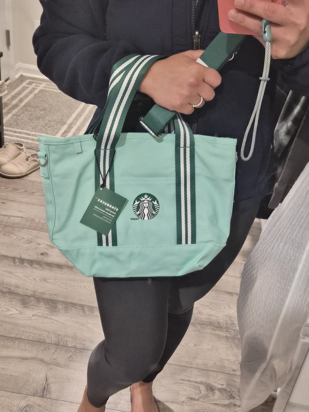 NWT Starbucks Mint Green Canvas Tote with Striped Handles - Picture 3 of 7